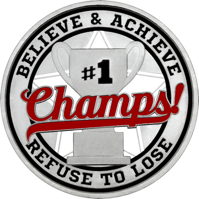 Maroon "Champs!" with Black Outer Circular Borders